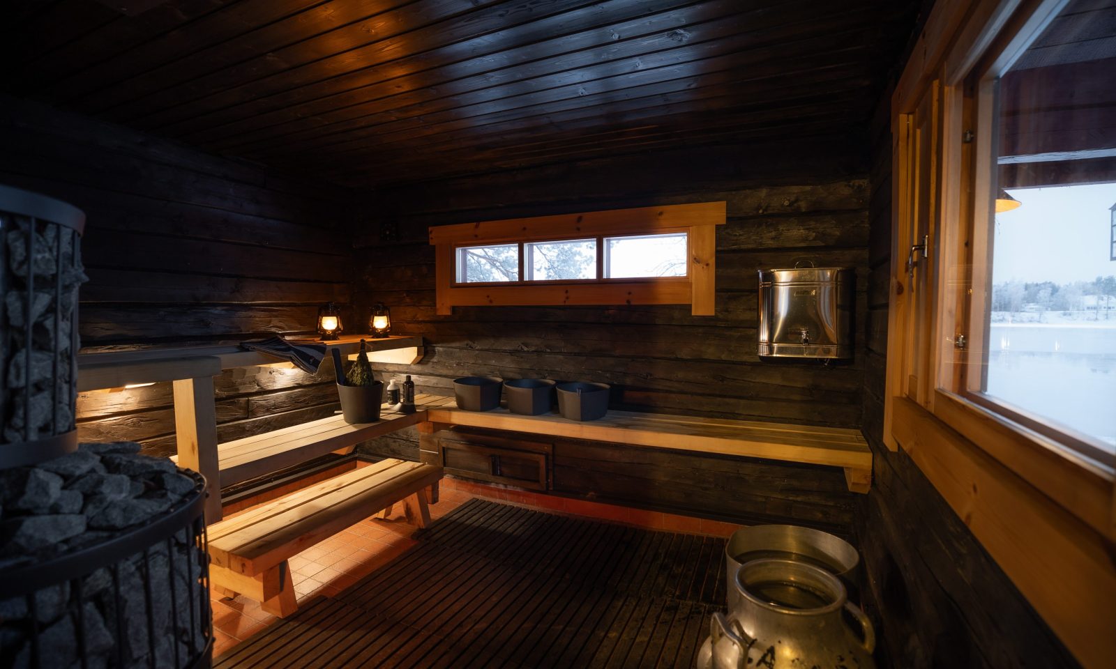 Cozy wooden sauna interior with benches