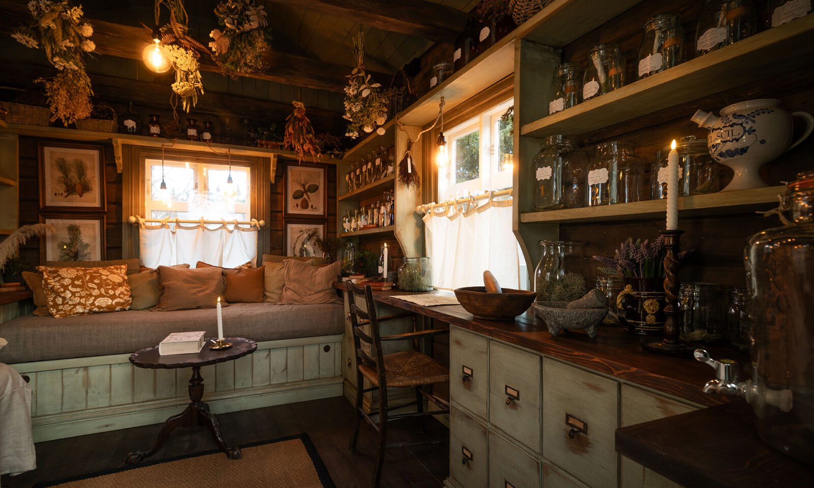 Old pharmacy interior at Aino Private Island Hotel, Rovaniemi, Lapland.