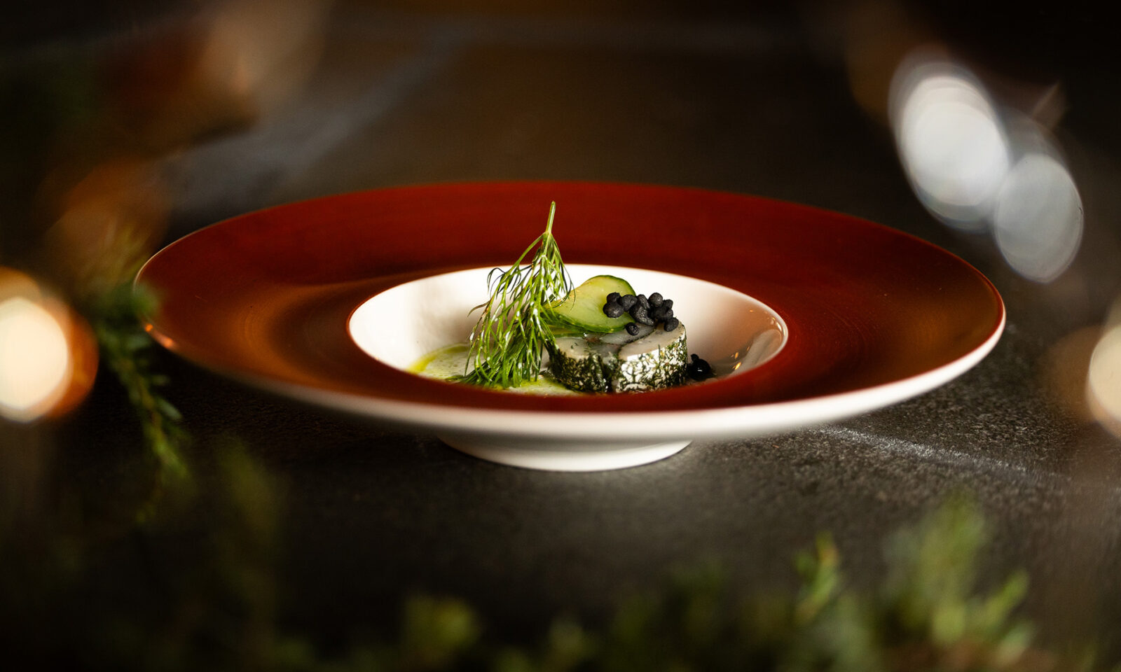 Dish of summer menu at Aino Private Island Hotel. Rovaniemi, Lapland.