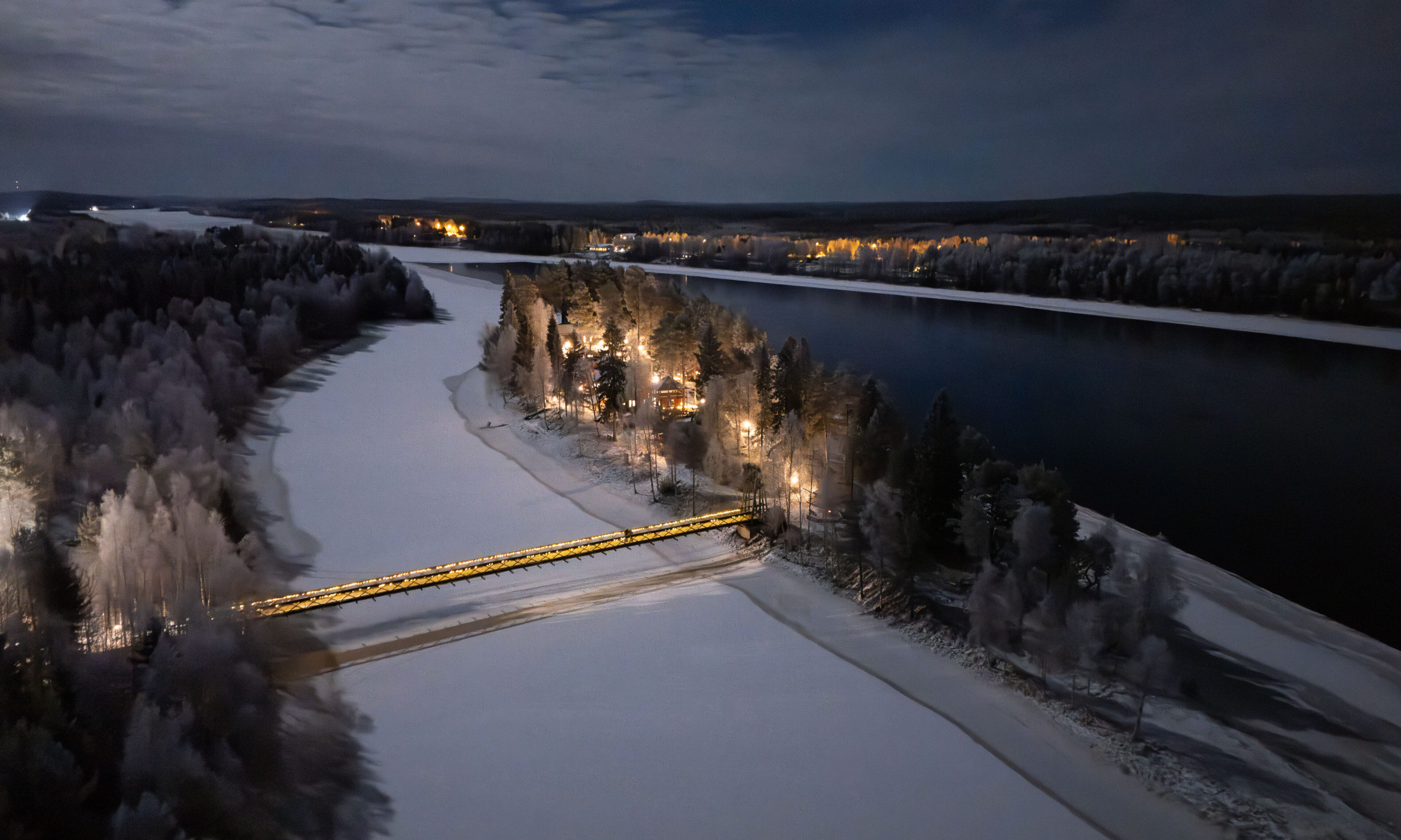 Aino Private Island Hotel on a winter night. Rovaniemi, Lapland.