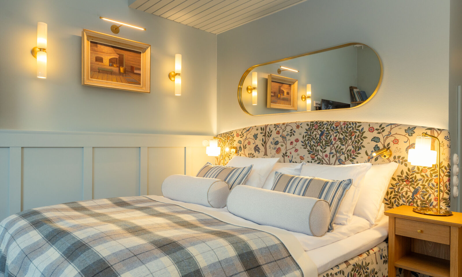 Double bed in Aino Private Island Hotel, Rovaniemi, Lapland.